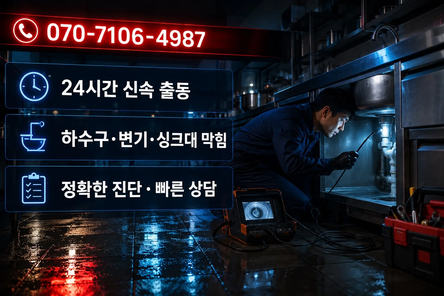 새온배관 야간 상가 싱크대 점검 서비스 안내